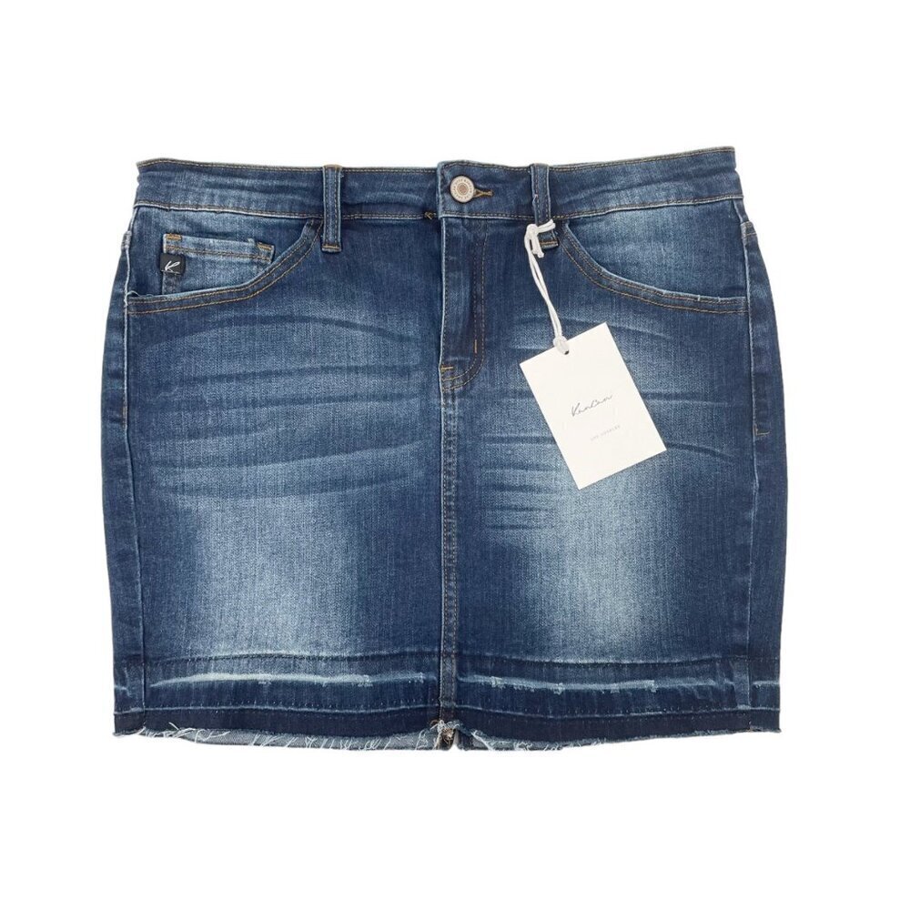 NWT Kancan Zuma Dark Wash Released Hem Denim Mini Skirt Womens Size 9 Stretch